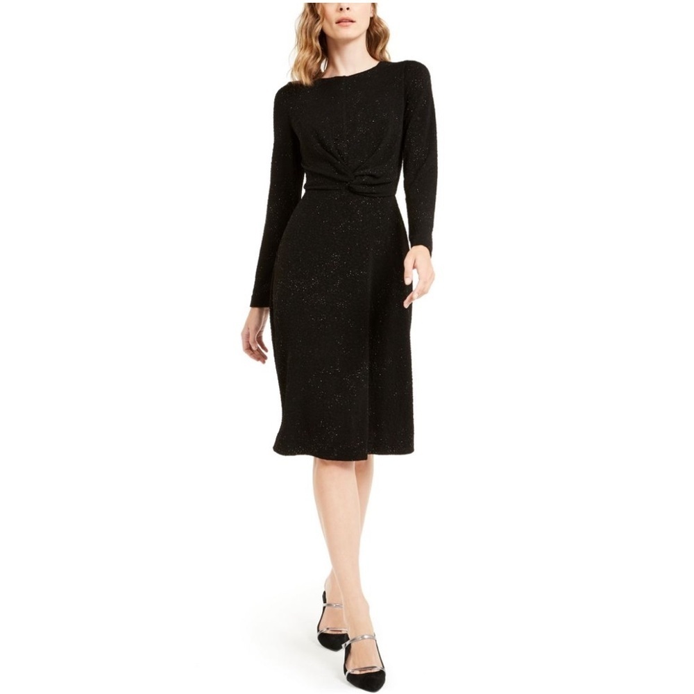 Alfani Black Glitter Cocktail Dress Twist Waist Midi Size L
